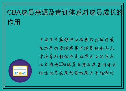 CBA球员来源及青训体系对球员成长的作用